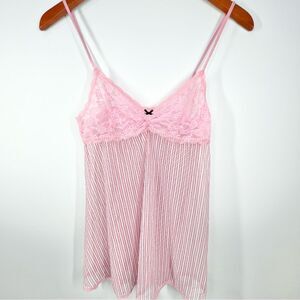 VTG Y2K Victoria’s Secret Striped Lace Babydoll Top Chemise Pink/White Medium